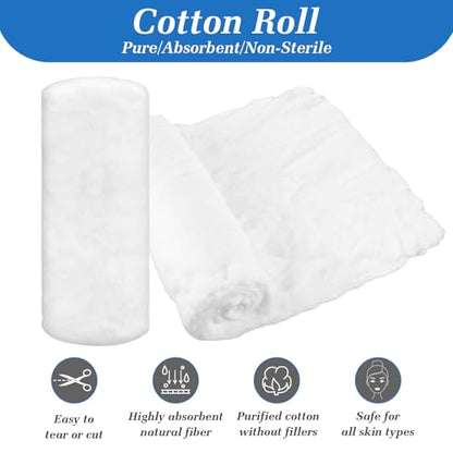 2 Rolls Cotton Roll for Cosmetic Application Product Removal 2.2 lb High Absorbent Soft Pure Cotton Ball Multipurpose Use for Makeup Remover Salon Beauty Baby Care
