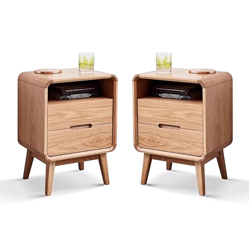 Solid Wood Nightstand Set of 2, Mid Century Modern Nightstands, Small Nightstand with 2 Drawers and Open Storage, Small Bedside Table for Bedroom, Living Room, Dormitory(Natural Wood Color) - color: Natural 2 Drawer, size: 2 PACK
