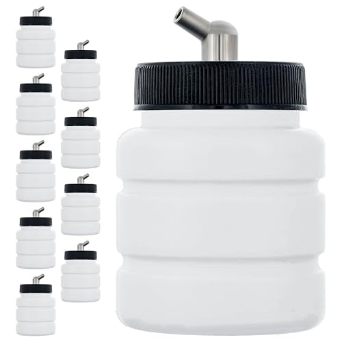 Master Airbrush (Pack of 10) TB-005 Empty 2.7-Ounce (80cc) Plastic Jar Bottles with 60° Down Angle Adaptor Lid Assembly - Fits Single-Action Siphon Feed Airbrushes, Use on Master Badger Paasche Iwata - size: 2.7oz - Plastic - 60°