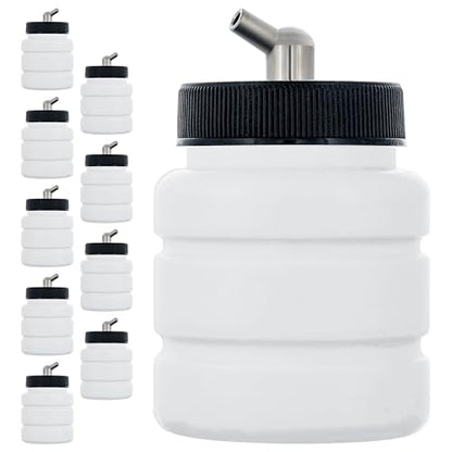 Master Airbrush (Pack of 10) TB-005 Empty 2.7-Ounce (80cc) Plastic Jar Bottles with 60° Down Angle Adaptor Lid Assembly - Fits Single-Action Siphon Feed Airbrushes, Use on Master Badger Paasche Iwata - size: 2.7oz - Plastic - 60°