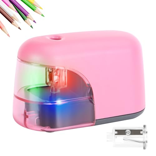 Battery-Operated Electric Pencil Sharpener with LED Light – Compact & Portable Pencil Sharpener for Home, School, or Office Use (Pink) - color: Pink