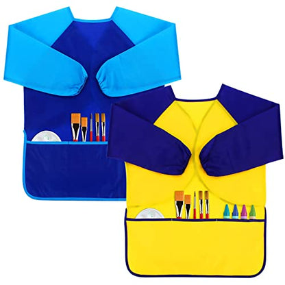CUBACO Kids Painting Apron, 2pcs Waterproof Art Smocks For Child 3-8 Years, Kids Smocks for Painting Aprons with Long Sleeve - color: Blue&yellow