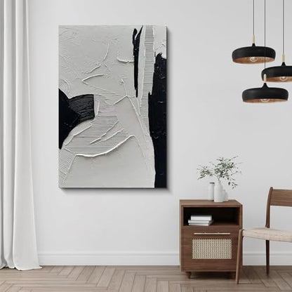 NANKAI Art Hand-painted Black and White Texture Oil painting Modern minimalist Abstract art 45x30 inch large home wall deco art painting - color: NKHB149