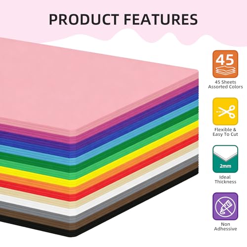 Conchpeople 45 Pack EVA Foam Sheets, 8x12in, 2mm DIY Craft Foam, 15 Colors - color: 45 PACK-2MM-30x20CM