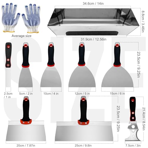 Drywall Knife Set, 10 Pcs Hand Tools Kit | Putty Knives Tapping Knife Multi-purpose Paint Scraper with Mud Pan Gloves for Drywall Work - color: Black - B Set