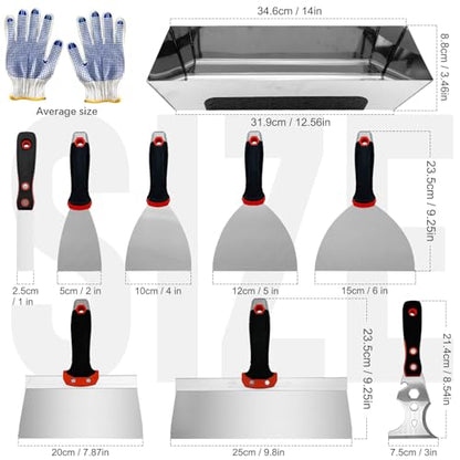 Drywall Knife Set, 10 Pcs Hand Tools Kit | Putty Knives Tapping Knife Multi-purpose Paint Scraper with Mud Pan Gloves for Drywall Work - color: Black - B Set