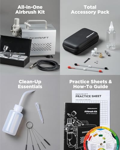 InoKraft Airbrush Kit with 1/6 HP Quiet Air Compressor, 4 Colors | Gravity Airbrush with 3 Tips 0.2, 0.3 & 0.5 mm- Hose, Holder, How-To Guide- Airbrush Paint Set for Model Painting gift - color: Airbrush Kit Premium Kit