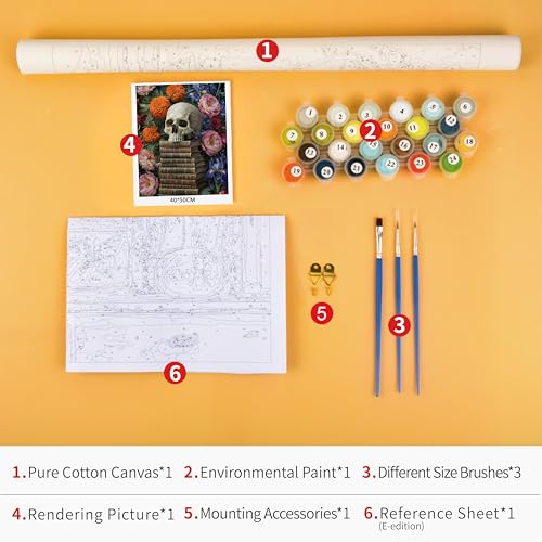 TUMOVO Adult Paint by Number Kit on Canvas Skull on Book | skull 16x20 inch unframed canvas with acrylic paints and 3 brushes, DIY gift for adults and relaxing DIY craft. - color: Skull