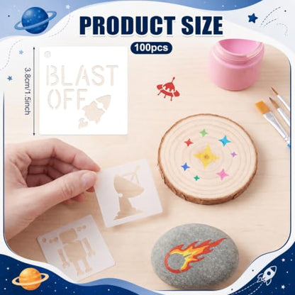 Fainne 100 Pcs 1.5 Inch Space Theme Small Stencils for Crafts | Reusable Painting Stencils for Wood Wall Card Making Scrapbooking Journaling, Portable Craft Templates - style: Space