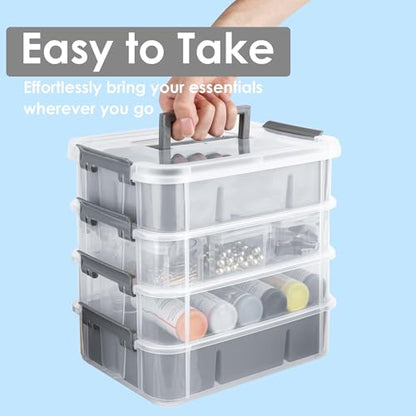 CraftGenes Craft Organizers and Storage, 4-Tier 10 Qt Box, 2 Trays, Grey | Clear Compartments; Dual Removable Inserts; Carry Handle; Side Latches; Beads, Ribbon, Stamps, Scrapbook Pieces, DIY Tools - color: Grey