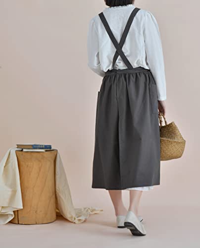 VLZUFE Women Cotton Linen Cross Back Apron with Pockets for Gardening Works Pinafore Dress - color: Dark Grey