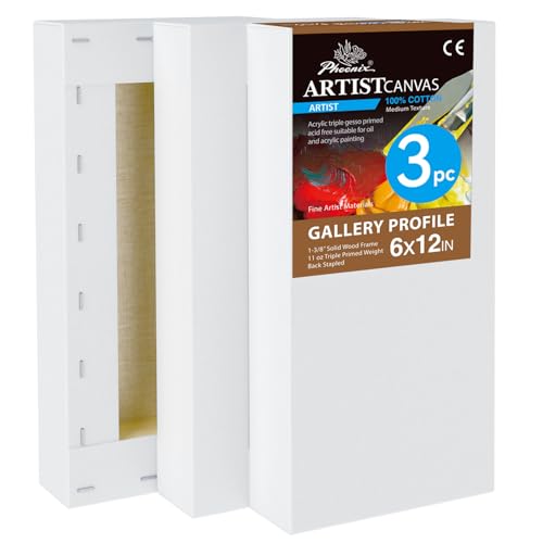 PHOENIX 6x12 Inch 3 Pack Gallery Canvas - Small Long 1.5 in Thick Canvases for Painting - Deep Edge 100% Cotton 11 Oz. Gesso Primed White Blank Professional Canvas Oil & Acrylic Paints - size: 6"x12", style: Gallery