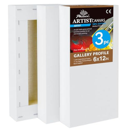 PHOENIX 6x12 Inch 3 Pack Gallery Canvas - Small Long 1.5 in Thick Canvases for Painting - Deep Edge 100% Cotton 11 Oz. Gesso Primed White Blank Professional Canvas Oil & Acrylic Paints - size: 6"x12", style: Gallery