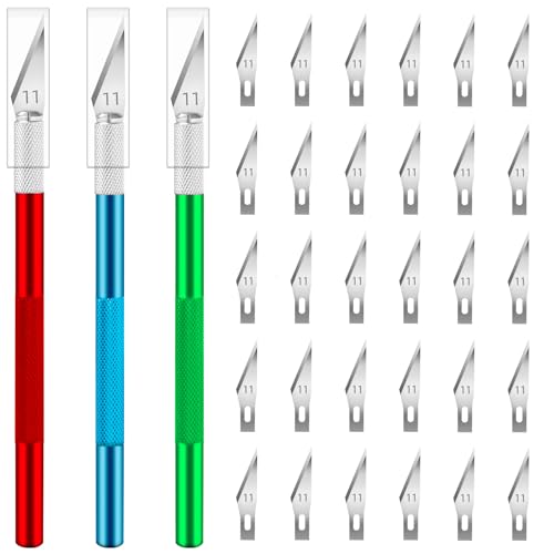Exacto Knife Set, Hobby Knife with 30#11 Blades for Art and Crafts | Craft knife set supports paper, vinyl and stencils, Precision scalpel design suits model making, carving and fine trimming - color: Red-green-blue