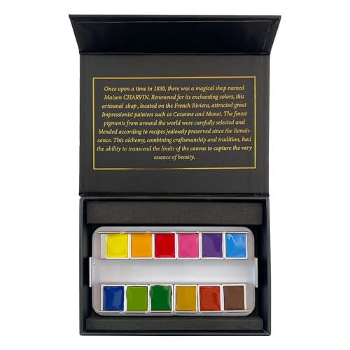 Charvin Extra-Fine Watercolor Pan Set, Primary - Handmade Box Set of 12 Half-Pans - Professional Watercolor Paint Set, Made in France, Smooth Shellac-Like Finish, Glossy & Highly Transparent Pigment - color: Primary