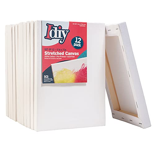 iDIY Stretched Canvas Board 5 x 7 (Set of 12) 5/8" - Classic White Blank, Pre Primed for Oils or Acrylics, 100% Cotton, Acid Free - Professional Grade for Painting or Art Project, Craft, Mixed Media - size: 5 x 7 inches (set of 12)