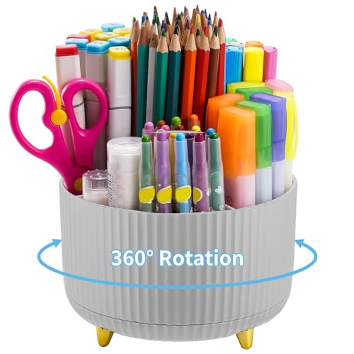 Marbrasse Desk Organizer, 360-Degree Rotating Pen Holder, Desk Organizers and Accessories with 5 Compartments Pencil Holder, Art Supply Storage Box Caddy for Office, Home (Grey) - color: Grey