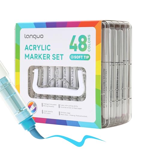 languo 48 Colors Acrylic Paint Markers, Brush Tip, Direct Liquid Ink | Water-Based Acrylic Paint Pens, Fast-Drying & No-Bleed Ink, Portable Storage Case, Ideal for Fabric, Rock, Wood, DIY Crafts - color: 48 Colors