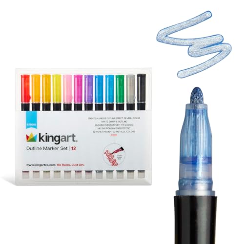 KINGART 12 Colors Outline Glitter Markers, Shimmer Metallic Gel Pens Stocking Stuffers Gifts Trendy Stuff, Cool Fun Craft Drawing Art School Teacher Supplies