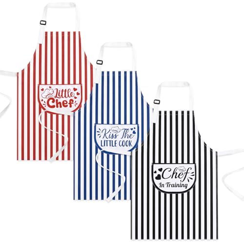 3 Pack Kids Apron for Cooking Adjustable Kids Chef Aprons | Kitchen Funny Aprons with Pockets for Boys Girls Toddler Painting Baking Artist Apron - color: Black,red,blue