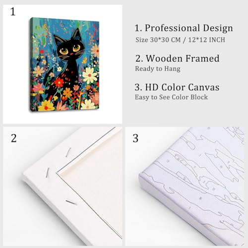 Natuyalo Black Cat Paint by Number with Frame 12"x16" - Framed Paint by Numbers Kit for Adults Beginners, Animal Flowers Acrylic Painting by Number Kits Framed Ideal Gift - color: Color-04