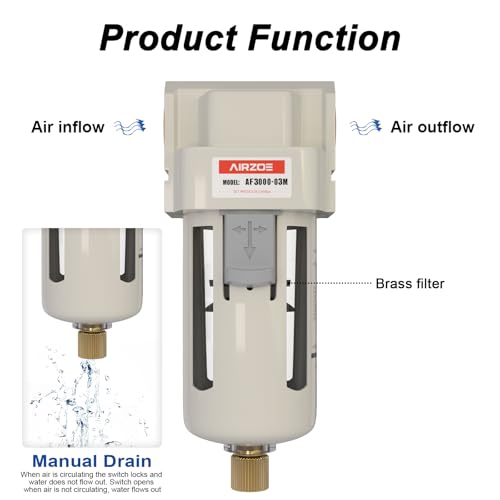 AIRZOE 3/8" NPT Air Dryer for Compressor - Air Compressor Water Separator AF3000-03, Semi-Auto Drain,5 Micron Brass Element, Poly Bowl - size: 3/8" NPT