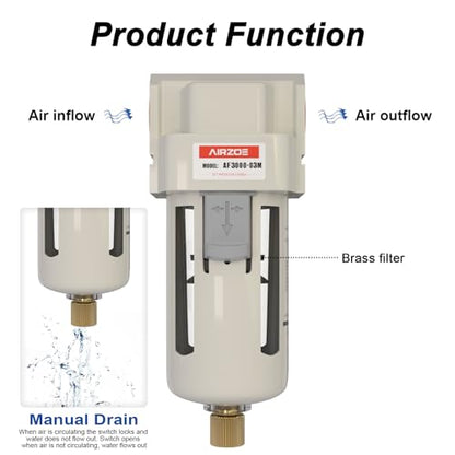 AIRZOE 3/8" NPT Air Dryer for Compressor - Air Compressor Water Separator AF3000-03, Semi-Auto Drain,5 Micron Brass Element, Poly Bowl - size: 3/8" NPT