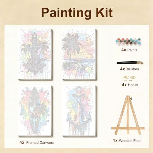 Gemozaic 4-Pack Beach Paint by Numbers Kit for Adults with Frame & Easel - color: BKH2799-BKH2802