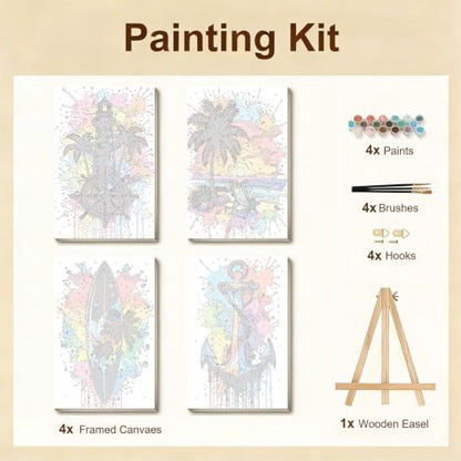 Gemozaic 4-Pack Beach Paint by Numbers Kit for Adults with Frame & Easel - color: BKH2799-BKH2802