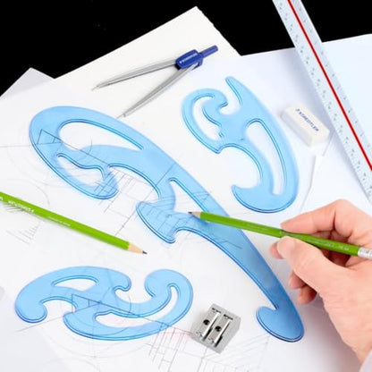 STAEDTLER Mars Professional French Curve Design Ruler Set, 18-Pack | 3 Essential A B C Shapes, Blue Transparent Plastic with Inking Edge, 3 pcs Each Set, 54 Count