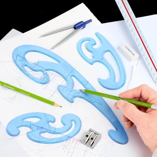 STAEDTLER Mars Professional French Curve Design Ruler Set, 6-Pack | 3 Essential A B C Shapes, Blue Transparent Plastic with Inking Edge, 3 pcs Each Set, 18 Count