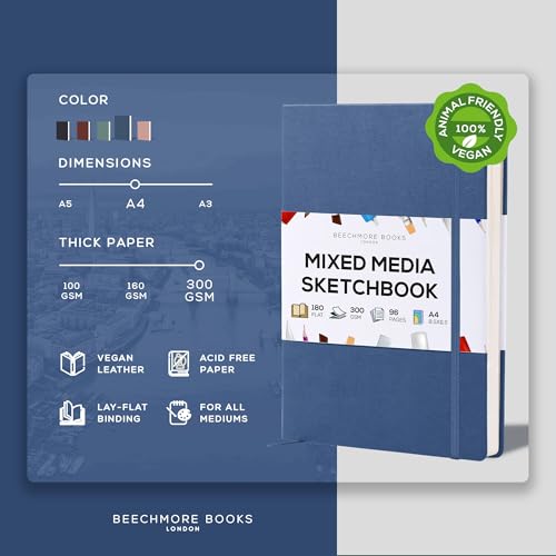 Beechmore Books A4 8.5x11 Mixed Media Sketchbook 300 GSM/140lb | Heavyweight Hardcover Art Notebook, 48 Micro-Perforated Pages Ivory Journal, Art Supplies for Painting, Acrylics & Wet Media - color: Symphony Blue, size: A4 - 8.5" x 11.5" Large