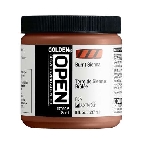 GOLDEN OPEN Slow-Drying Acrylics, Burnt Sienna, 8 fl. oz. Jar, Professional Acrylic Paint, Semi-Opaque