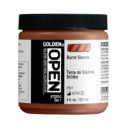 GOLDEN OPEN Slow-Drying Acrylics, Burnt Sienna, 8 fl. oz. Jar, Professional Acrylic Paint, Semi-Opaque
