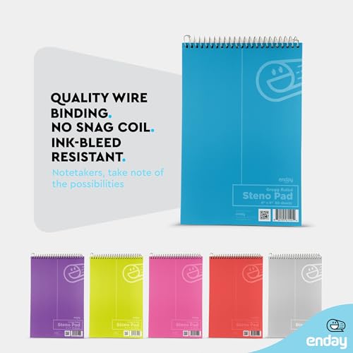 Enday Steno Pads Spiral 6 x 9 inches, Gregg Rule White Paper, 80 Sheets Steno Notebook for writing in Pink, Purple, Green, Blue, Red, Grey, Color May Vary (3 Pack) - size: 3
