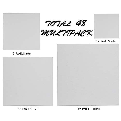 Madisi Painting Canvas Panels Multi Pack, 4x4, 6x6, 8x8, 10x10(12 of Each), 48 Pack