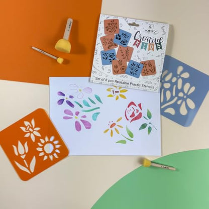 NAKLEO Painting Stencils for Kids, 8 Pcs Set 6x6” Flowers, Children Creative Drawing Templates Plastic and Reusable, DIY Decoration Arts and Crafts, Paper Wall Wood Fabric | Creative Drawing Stencils, Plastic Reusable Painting Stencil DIY Crafts, Paper Wa