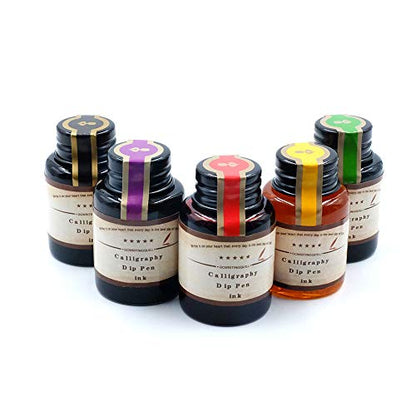 MU-02 Calligraphy Pen Set, Glass Dip Pen and Handcrafted Wooden Dip Pen Gift Set with 5 Colors Calligraphy Ink 6 Nibs, Calligraphy Set for Beginners