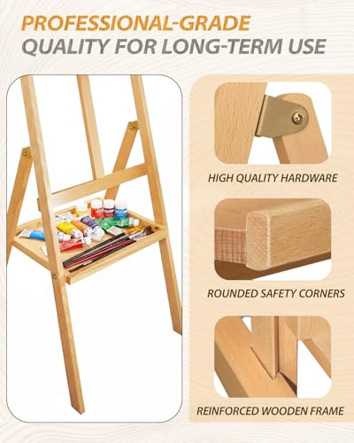 Painting Art Easel with Storage Tray, 57"-72" Height Adjustable Easel Stand | Non-foldable beech wood easel, H-frame artist easel stand for painting, Wooden floor easel holds canvas up to 36" - color: Natural
