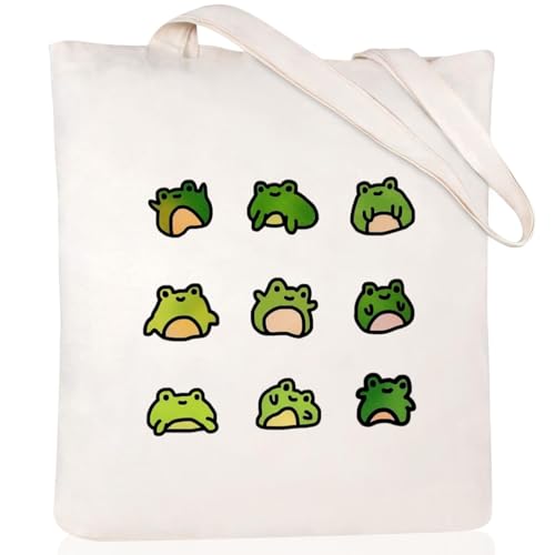 Canvas Aesthetic Tote Bag for Women with Inner Pocket Totes Shoulder Book Bag Shopping Reusable Grocery Bags - color: Cute Frogs Totes