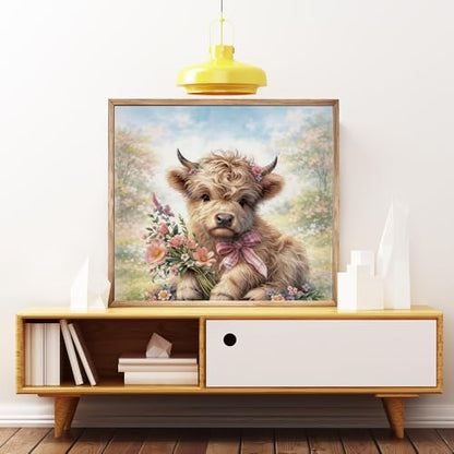 5D Diamond Painting Kits for Adults_beginners，Diamond Art Cow， Diamond Painting Kits Cow Highland Cow with Flowers Full Drill Diamond Art Kit 14x14 Inch - color: FYZZ-152