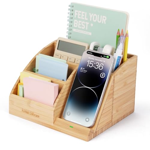 Bamboo Pen Holder for Desk & Nightstand Organizer with Fast Wireless Charging for iPhone, Samsung & More – Office Desk Accessories for Men/Women (Natural) - color: Natural, size: Expanded Size