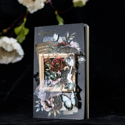 120 Pcs Gothic Floral PET Stickers for Scrapbooking | Blooming in the Dark Night theme with botanical motifs for junk journaling, collage, card making, and DIY crafts - color: Midnight Bloom