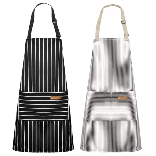 Syntus Apron for Men Women, Adjustable Cooking Kitchen Apron with 2 Pockets | Machine Washable, Firm Stitching, Stain Resistance, Long Tie Straps, 2 Pockets, Versatility, Unisex Use, Gift, BBQ - color: Basic Stripe Black Brown, style: 2 Polycotton