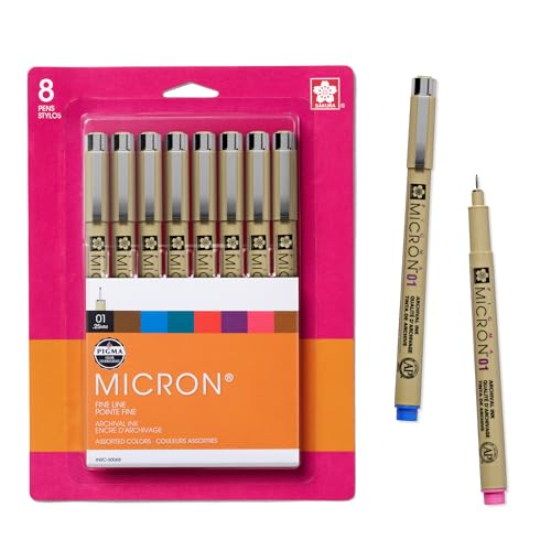 SAKURA Pigma Micron Ink Pen Set, Assorted Colors, 01 Tip, 8 Count | Color Pen Set for Drawing, Illustration, and Journaling, Archival Colored Ink, Waterproof and Fade-Resistant - style: 01 Tip