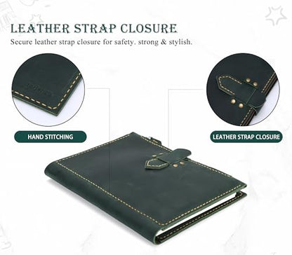 Fasjosma Leather Sketchbook Cover for A5/5.5"x8.5" Top Spiral Bound Sketch Pads - Handmade Genuine Leather Artist Case with Pencil Holder & Zipper Pocket, Professional Drawing Supplies - color: Green, size: 5.5" x 8.5"
