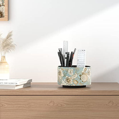 Round Leather Art Supply Organizer,Remote Control Holder,360 Degree Rotating,Multi-Functional Pencil Holder,4 Compartments Desktop Stationary Organizer(1-Blue Bird) - color: 1-Blue Bird