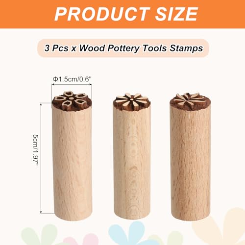 HARFINGTON 3pcs Wood Pottery Tools Stamps 0.6" Dia 2" Length Wooden Natural Clay Pottery Stamps Set Flower 3 Patterns for Cookie Cake Dessert - style: Flower 3 Patterns