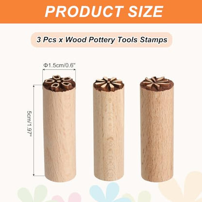 HARFINGTON 3pcs Wood Pottery Tools Stamps 0.6" Dia 2" Length Wooden Natural Clay Pottery Stamps Set Flower 3 Patterns for Cookie Cake Dessert - style: Flower 3 Patterns
