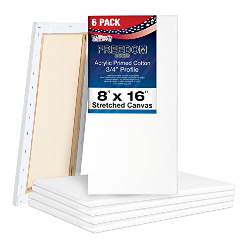 U.S. Art Supply 8 x 16 inch Stretched Canvas for Painting, 12oz Triple Primed, 6-Pack - Professional Artist Quality White Blank 3/4" Profile, 100% Cotton, Heavy-Weight Gesso - Acrylic Pouring, Oil - size: 8" x 16"